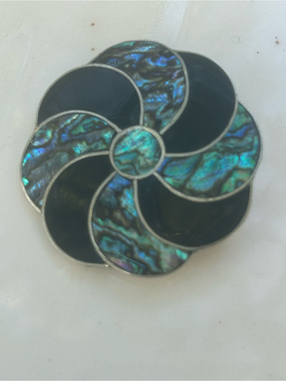 VINTAGE Abalone Swirl Flower Pin Brooch - Silver & Onyx & Abalone Inlay HANDMADE